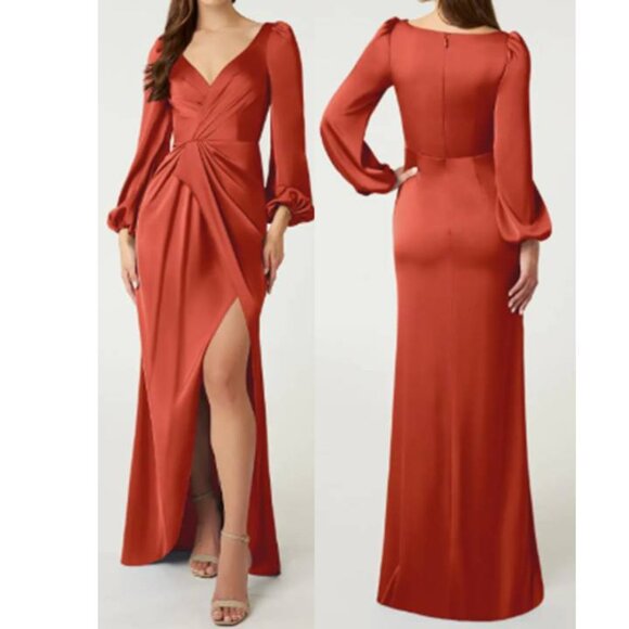 Azazie Women's Smooth Satin Gown Dress Chiffon Gown Formal Bridal Rust Red Size8 - Picture 1 of 6